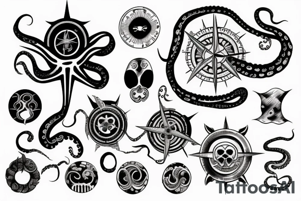 rising sun over ocean over left chest compass and octopus tattoo idea