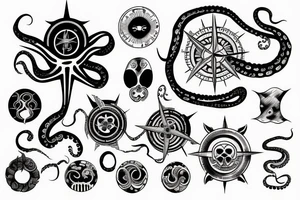 rising sun over ocean over left chest compass and octopus tattoo idea