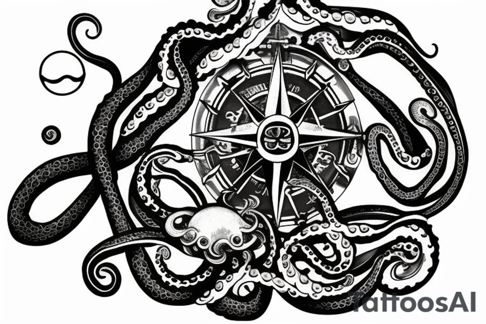 rising sun over ocean over left chest compass and octopus tattoo idea