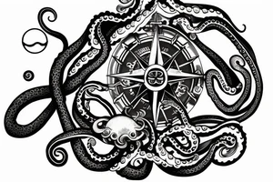 rising sun over ocean over left chest compass and octopus tattoo idea