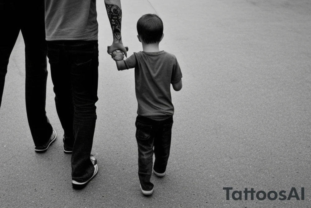 Father and son walk hand in hand. Full-length. view from behind tattoo idea
