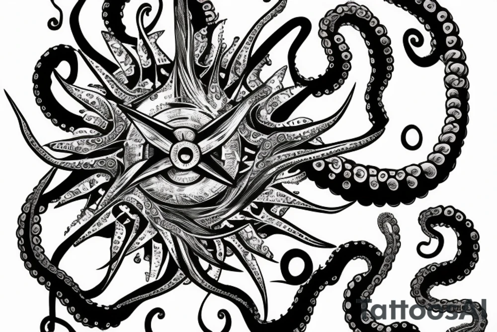 rising sun sun burst over ocean over left chest compass and octopus tattoo idea