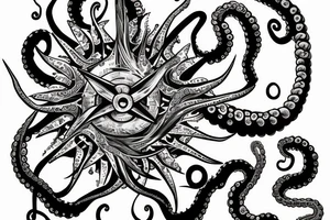 rising sun sun burst over ocean over left chest compass and octopus tattoo idea