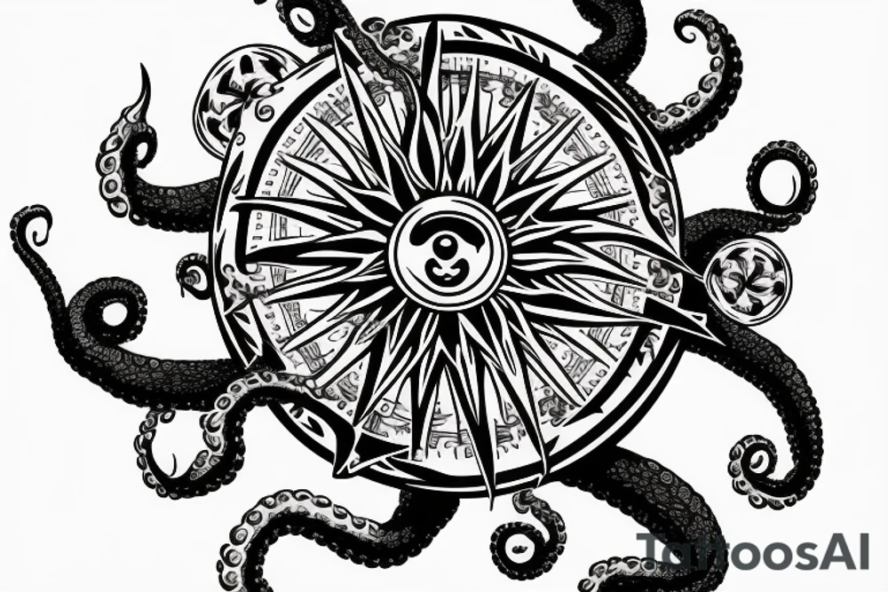 rising sun sun burst over ocean over left chest compass and octopus tattoo idea
