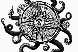 rising sun sun burst over ocean over left chest compass and octopus tattoo idea