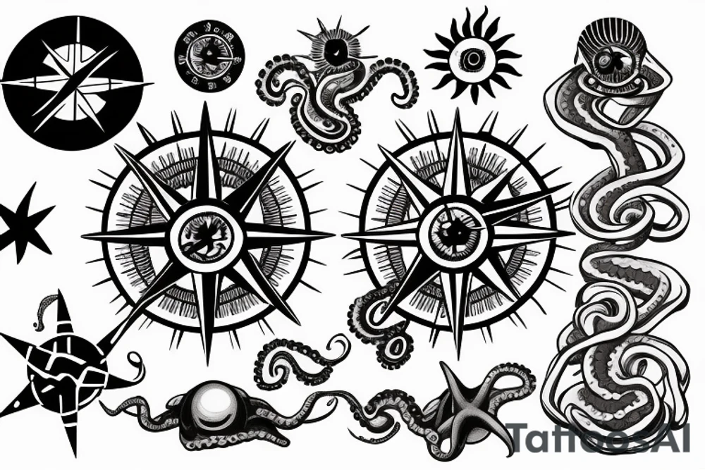 rising sun sun burst over ocean over left chest compass and octopus tattoo idea