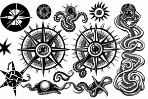 rising sun sun burst over ocean over left chest compass and octopus tattoo idea