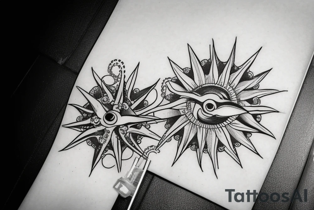 rising sun sun burst over ocean with an octopus holding a compass tattoo idea