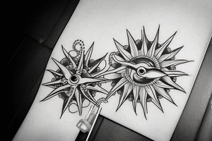 rising sun sun burst over ocean with an octopus holding a compass tattoo idea