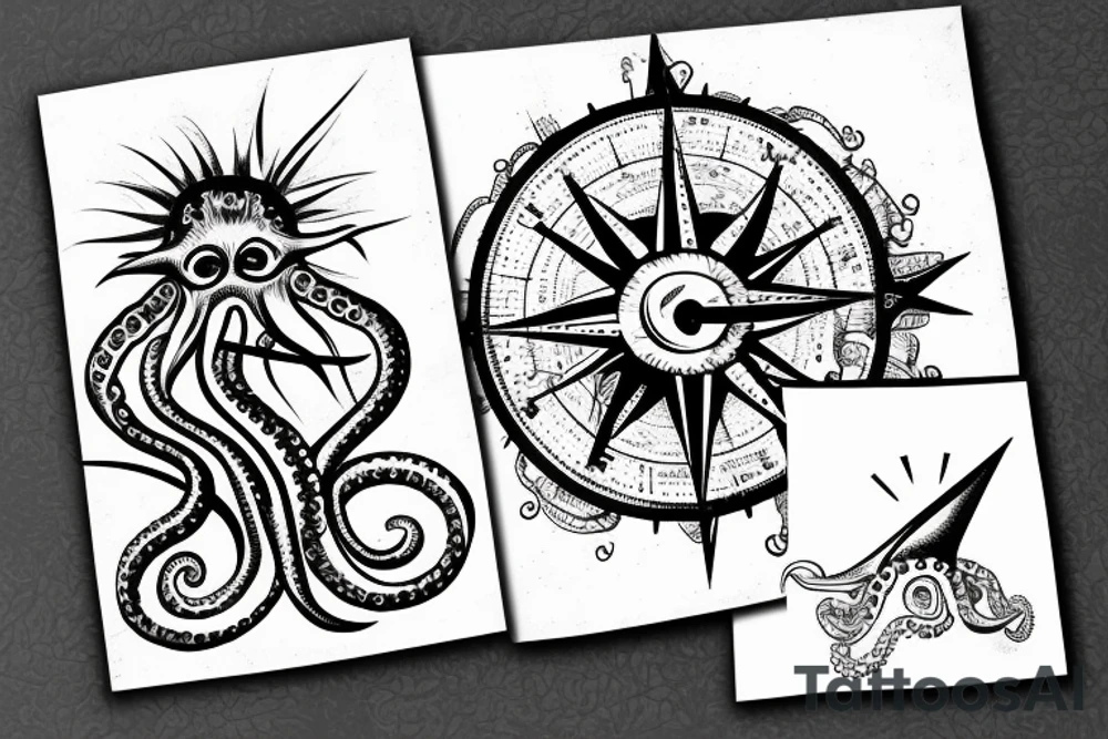 rising sun sun burst over ocean with an octopus holding a compass tattoo idea