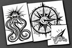 rising sun sun burst over ocean with an octopus holding a compass tattoo idea