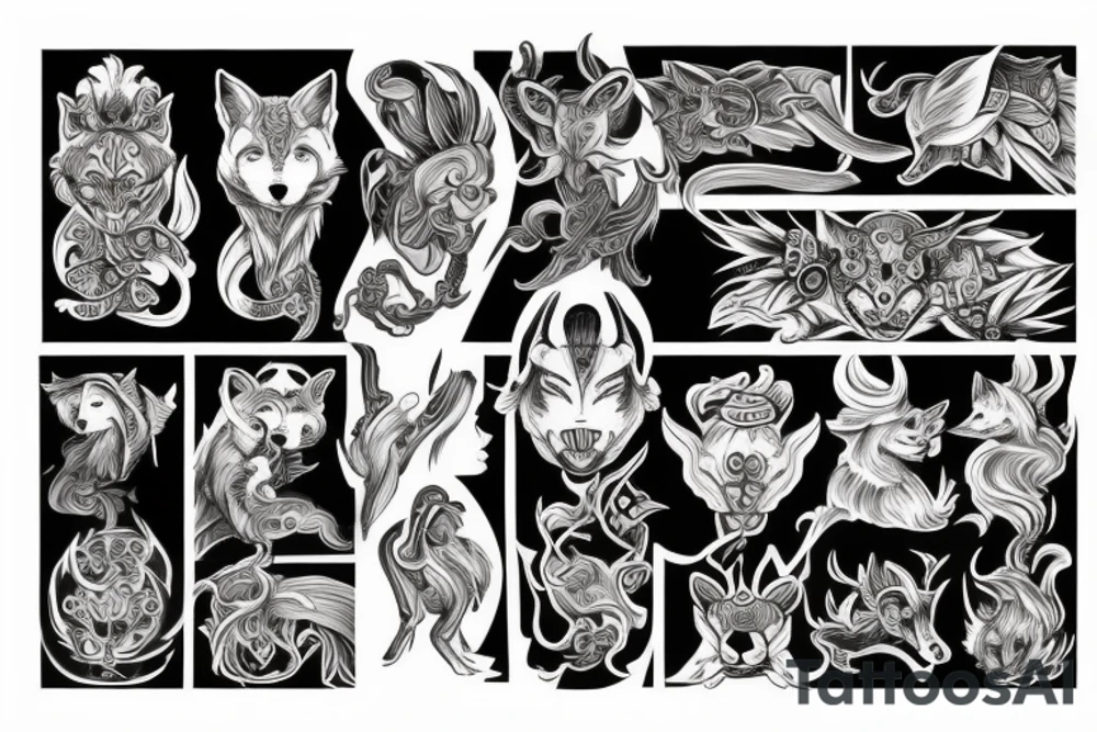 Fox human man with 9 tails tattoo idea