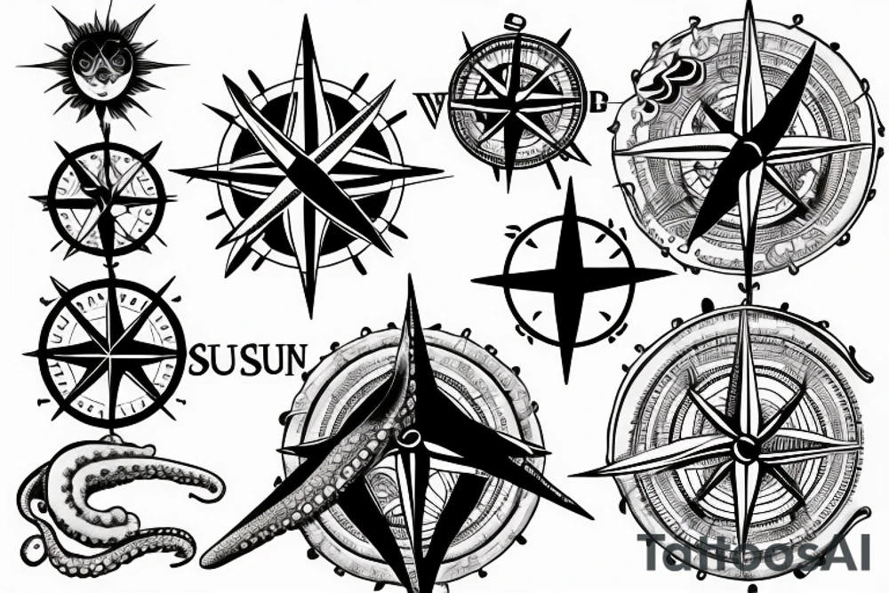 rising sun sun burst over ocean with an octopus holding a compass tattoo idea