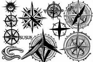 rising sun sun burst over ocean with an octopus holding a compass tattoo idea