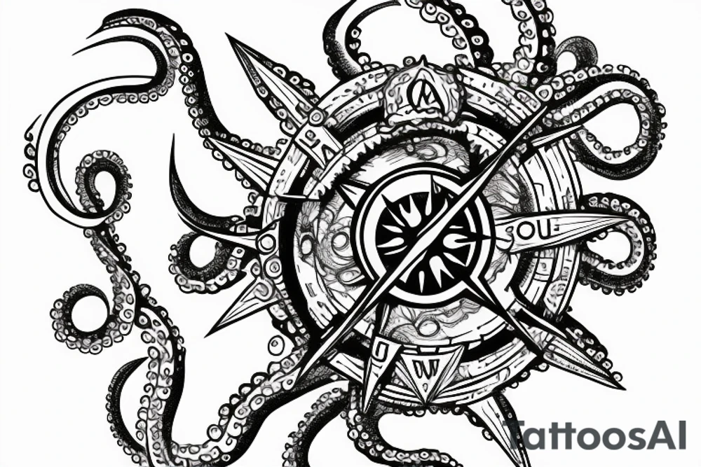 rising sun sun burst over ocean with an octopus holding a compass tattoo idea