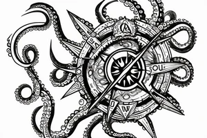 rising sun sun burst over ocean with an octopus holding a compass tattoo idea