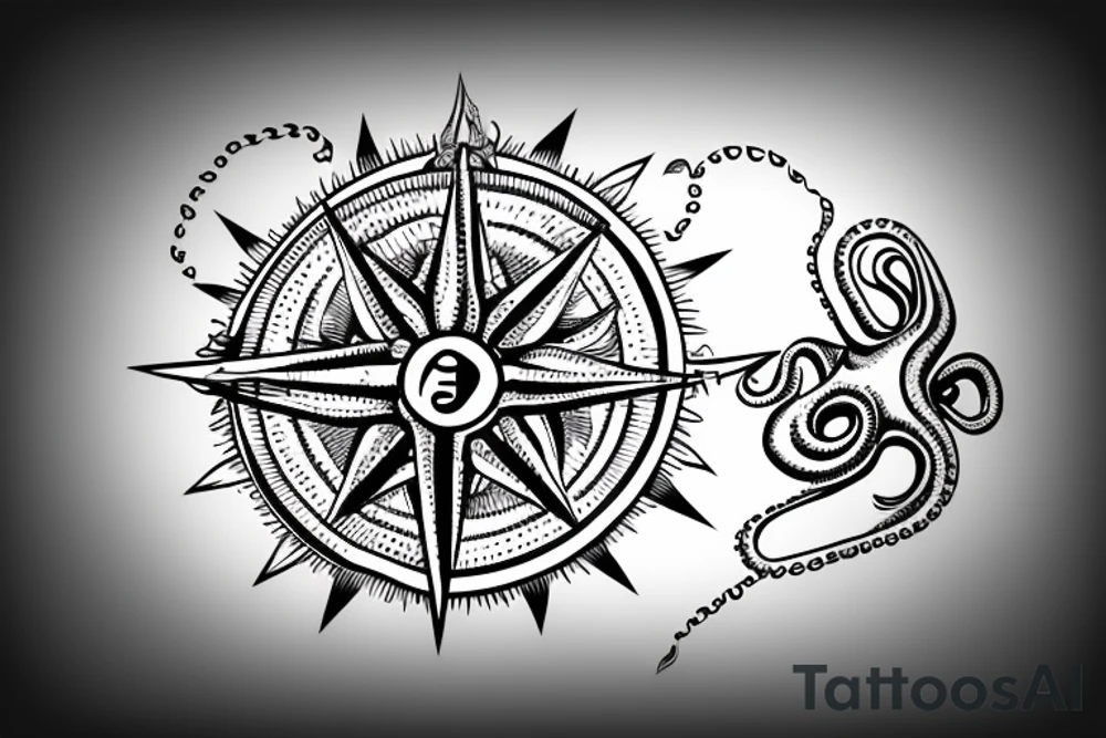 rising sun sun burst over ocean with an octopus holding a compass tattoo idea