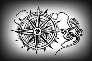 rising sun sun burst over ocean with an octopus holding a compass tattoo idea