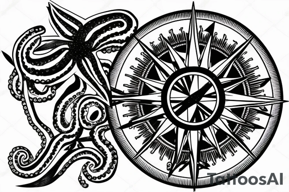 rising sun sun burst over ocean with an octopus holding a compass tattoo idea