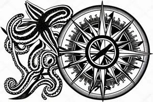 rising sun sun burst over ocean with an octopus holding a compass tattoo idea