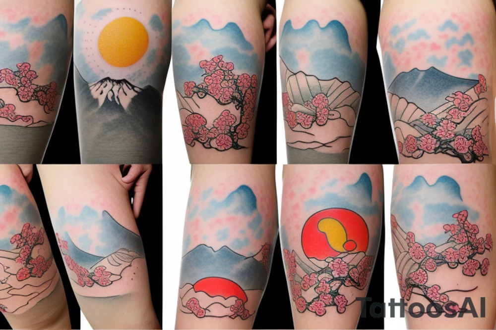 snail climbing the slope of Mount Fuji
Sakura grows on the slopes of the mountain
In the sky, the red sun hiding behind the clouds tattoo idea