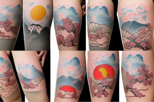 snail climbing the slope of Mount Fuji
Sakura grows on the slopes of the mountain
In the sky, the red sun hiding behind the clouds tattoo idea