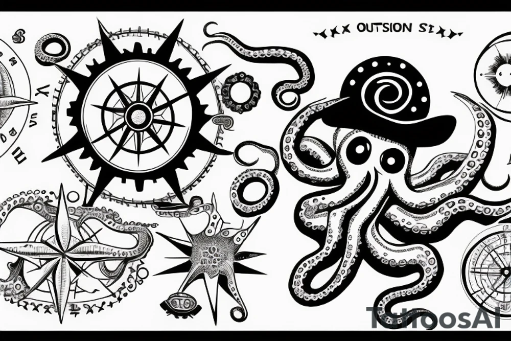 rising sun sun burst over ocean with an octopus holding a compass tattoo idea