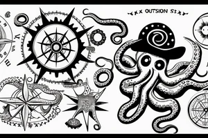 rising sun sun burst over ocean with an octopus holding a compass tattoo idea