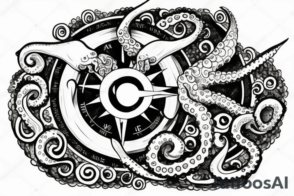 rising sun sun burst over ocean with an octopus holding a compass tattoo idea