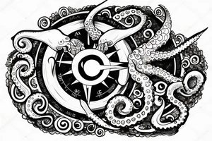 rising sun sun burst over ocean with an octopus holding a compass tattoo idea
