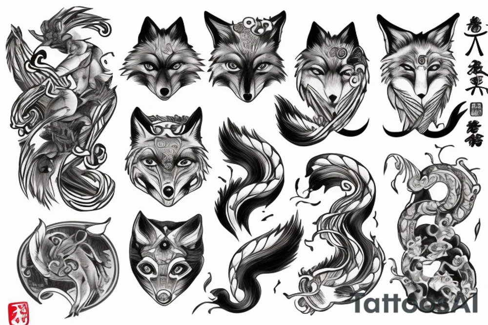 Fox human man with 9 tails tattoo idea