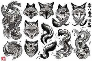 Fox human man with 9 tails tattoo idea