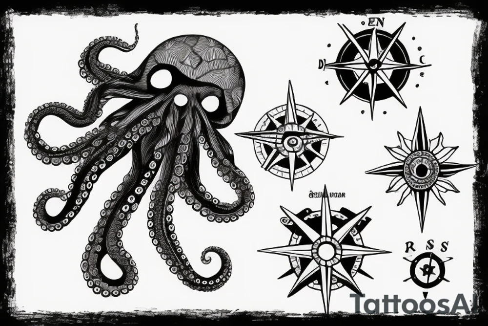 rising sun sun burst over ocean with an octopus holding a compass tattoo idea
