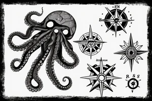 rising sun sun burst over ocean with an octopus holding a compass tattoo idea