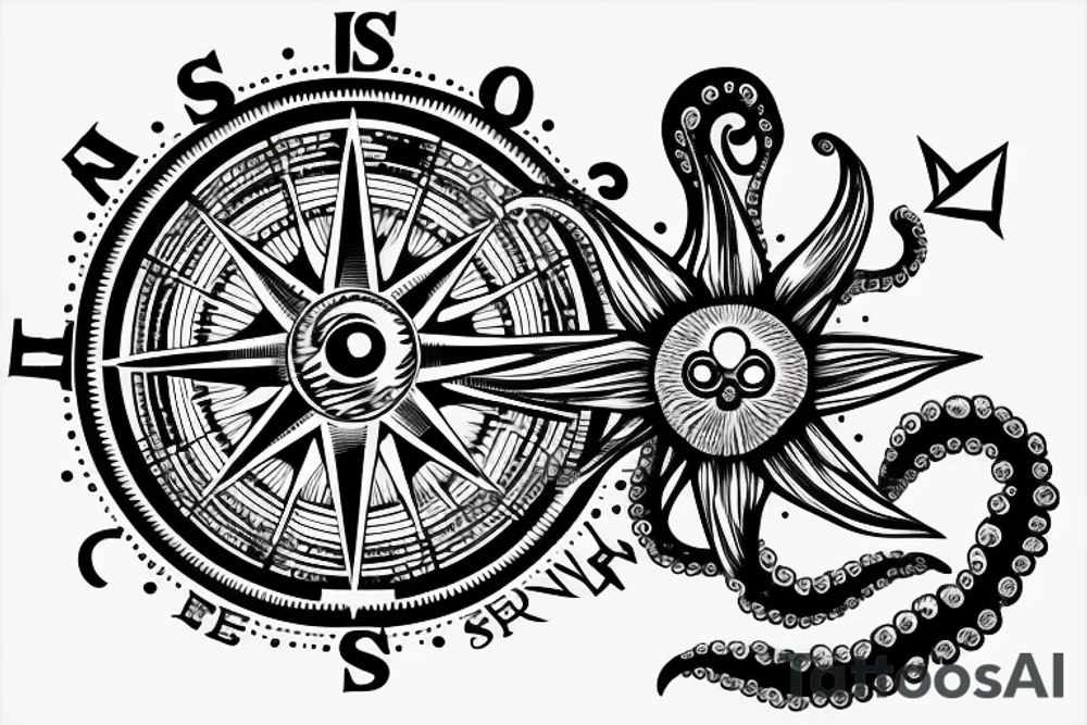 rising sun sun burst over ocean with an octopus holding a compass tattoo idea