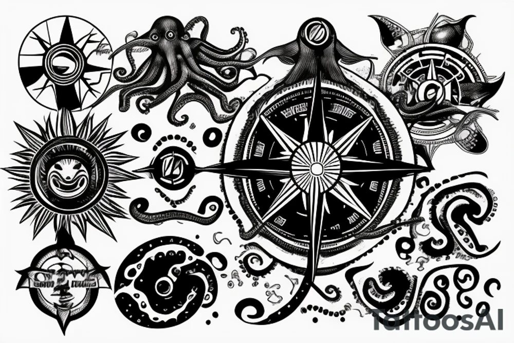 rising sun sun burst over ocean with an alien octopus holding a compass tattoo idea