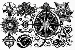rising sun sun burst over ocean with an alien octopus holding a compass tattoo idea