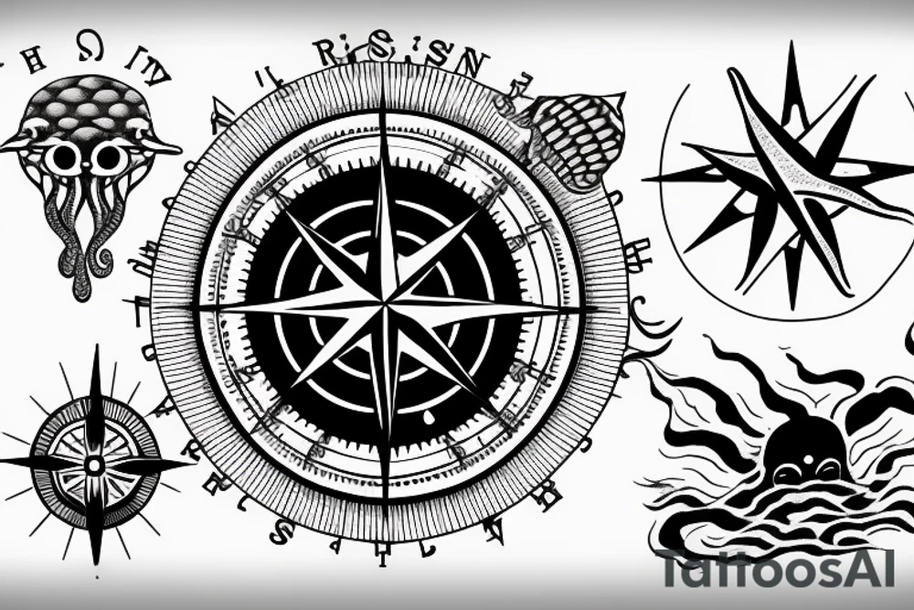 rising sun sun burst over ocean with an alien octopus holding a compass tattoo idea