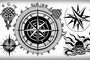 rising sun sun burst over ocean with an alien octopus holding a compass tattoo idea