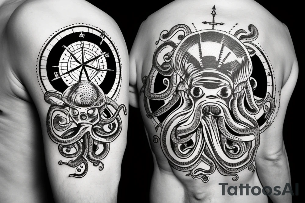 rising sun sun burst over ocean with an alien octopus holding a compass tattoo idea