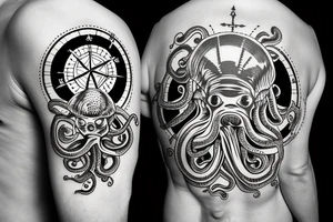 rising sun sun burst over ocean with an alien octopus holding a compass tattoo idea
