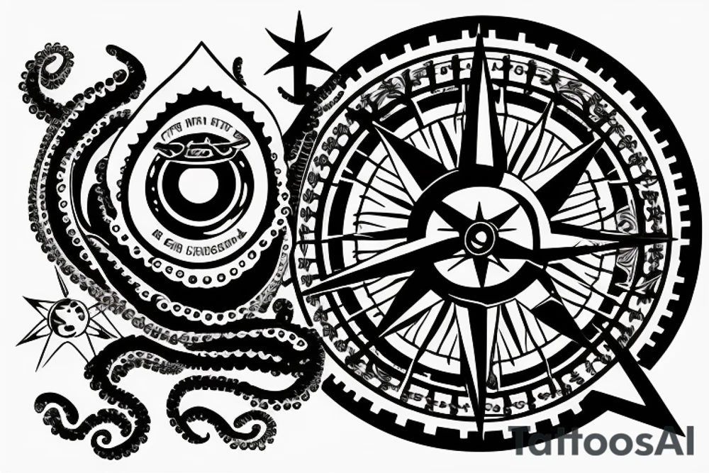 rising sun sun burst over ocean with an alien octopus holding a compass tattoo idea