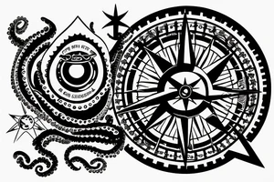 rising sun sun burst over ocean with an alien octopus holding a compass tattoo idea
