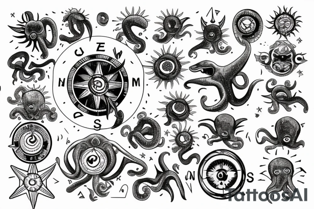 rising sun sun burst over ocean with an alien octopus holding a compass tattoo idea