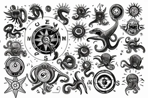 rising sun sun burst over ocean with an alien octopus holding a compass tattoo idea