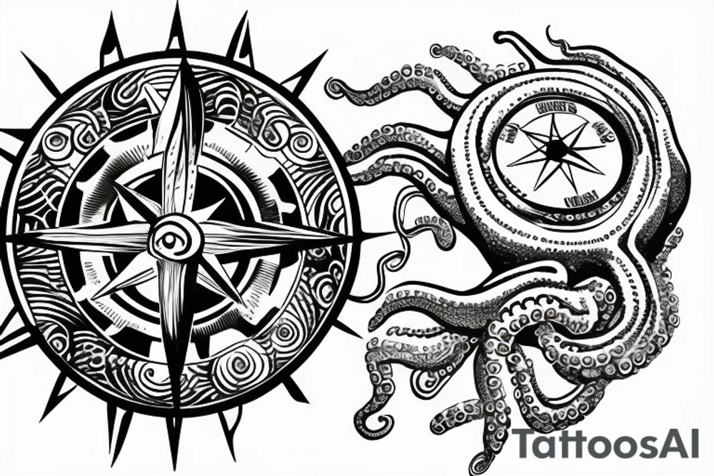 rising sun sun burst over ocean with an alien octopus holding a compass tattoo idea