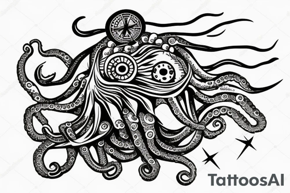 rising sun sun burst over ocean with an alien octopus holding a compass tattoo idea