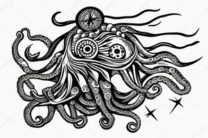 rising sun sun burst over ocean with an alien octopus holding a compass tattoo idea