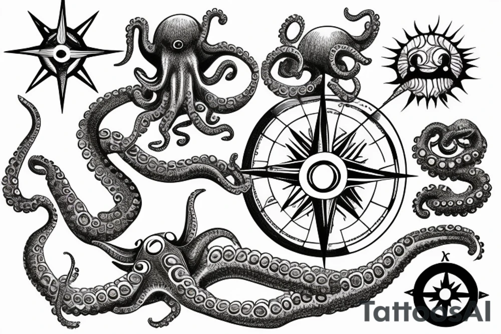 rising sun sun burst over ocean with an alien octopus holding a compass tattoo idea