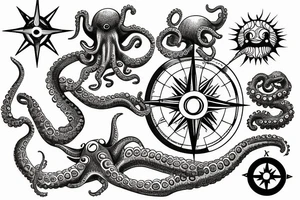 rising sun sun burst over ocean with an alien octopus holding a compass tattoo idea